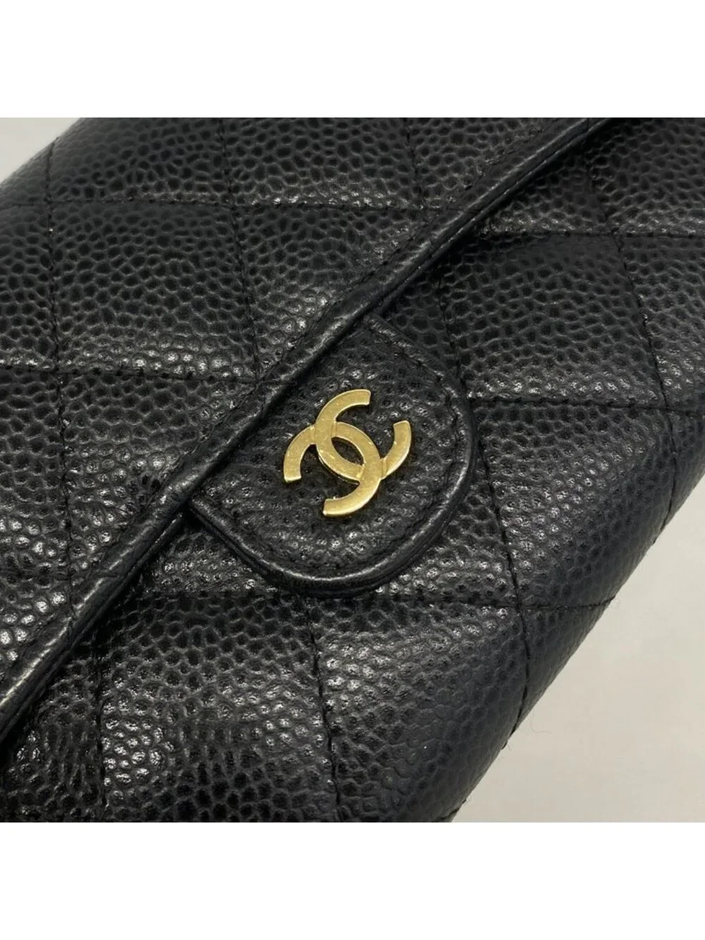 Chanel Wallet Quilted Caviar Leather Black Gold
